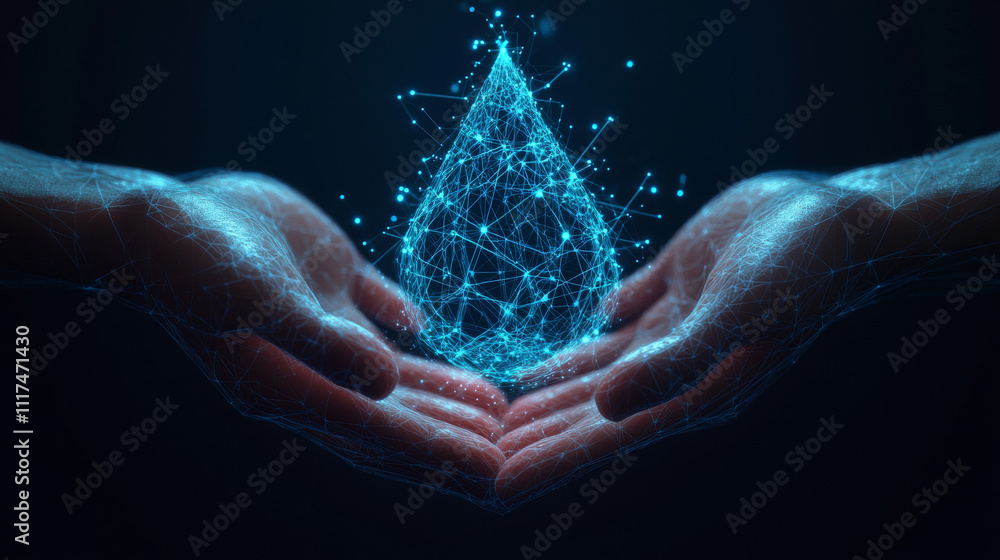 Two human hands are holds water drop. Wireframe glowing low poly design on dark blue background. Abstract futuristic vector illustration. Two human hands are holds water drop. Wireframe glowing low poly design on dark blue background. Abstract futuristic vector illustration.