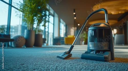 Wallpaper Mural A modern vacuum cleaner is placed on carpeted flooring in a well-lit, stylish interior space featuring large windows and decorative plants. Torontodigital.ca