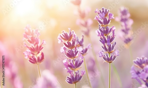 A close-up of lavender flowers illuminated by soft sunlight.