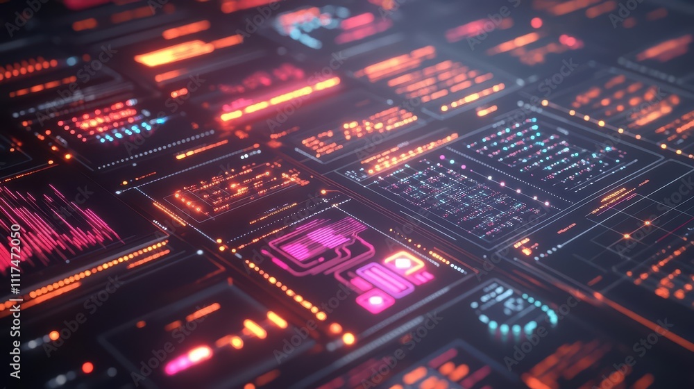 A digital interface displaying vibrant data visualizations and metrics.