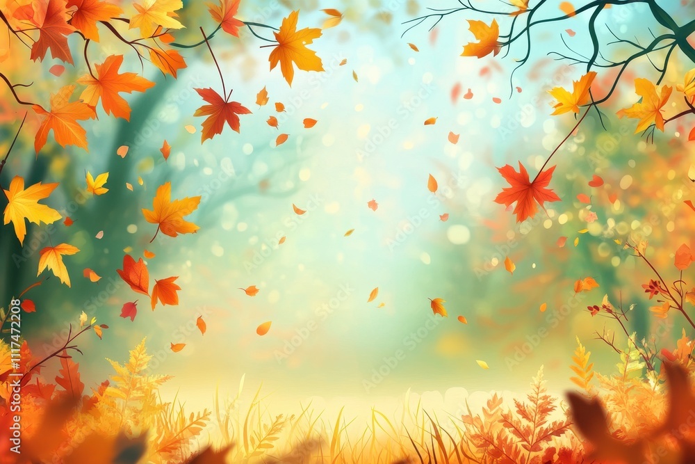 A serene autumn scene with colorful falling leaves and a soft, blurred background. A serene autumn scene with colorful falling leaves and a soft, blurred background.
