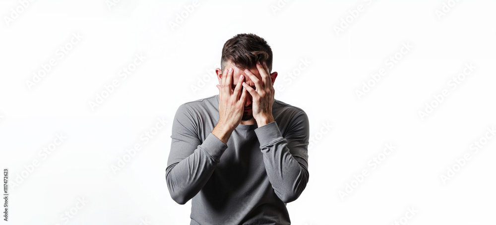 Man showing emotion of depression, fatigue, emotional burnout on white background. Mental health Man showing emotion of depression, fatigue, emotional burnout on white background. Mental health