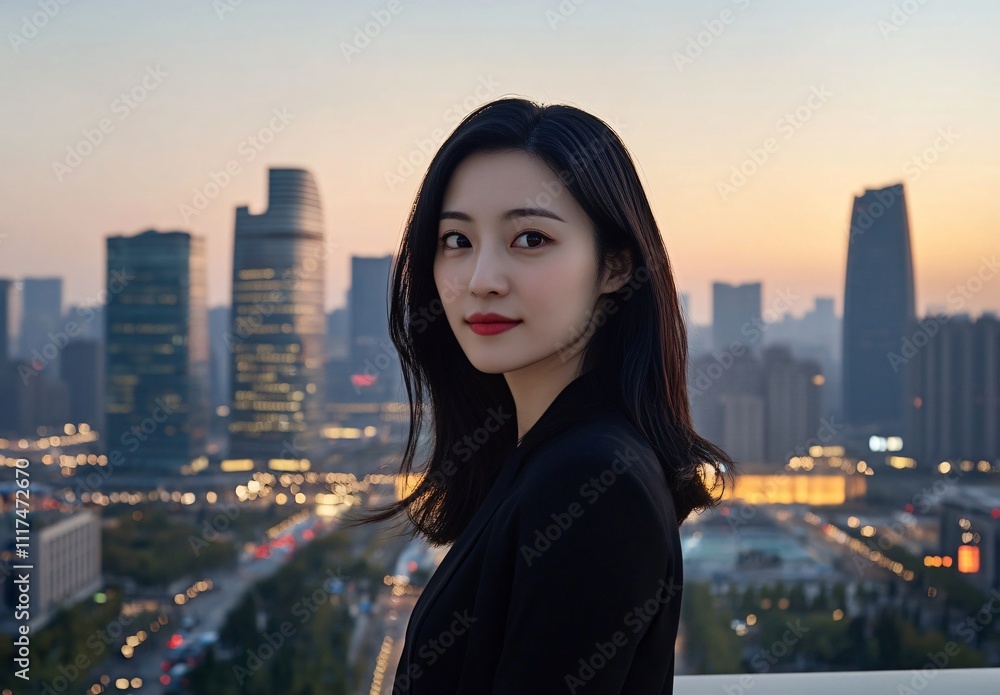 Portrait of a female businesswoman in the Beijing CBD at dusk, exuding confidence and professionalism, with the city skyline in the background, creating an inspiring and dynamic atmosphere for busines Portrait of a female businesswoman in the Beijing CBD at dusk, exuding confidence and professionalism, with the city skyline in the background, creating an inspiring and dynamic atmosphere for busines