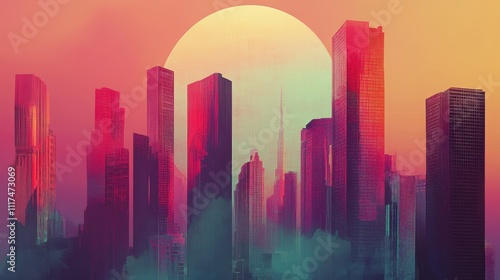 Vibrant cityscape at sunset with large moon.