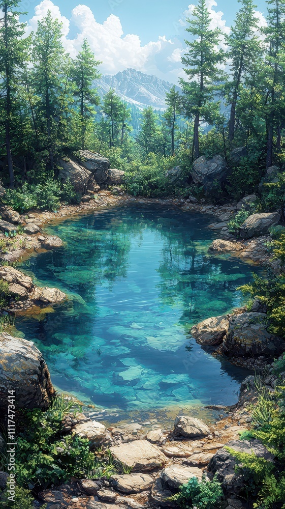 A serene forest scene featuring a crystal-clear pond surrounded by lush greenery and rocky formations, with mountains visible in the background. A serene forest scene featuring a crystal-clear pond surrounded by lush greenery and rocky formations, with mountains visible in the background.