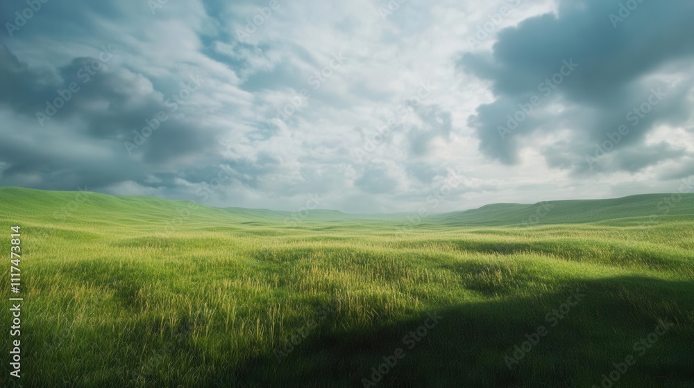 Rolling grassland under a dramatic sky, vivid greens and subtle textures capturing the essence of untouched wilderness Rolling grassland under a dramatic sky, vivid greens and subtle textures capturing the essence of untouched wilderness