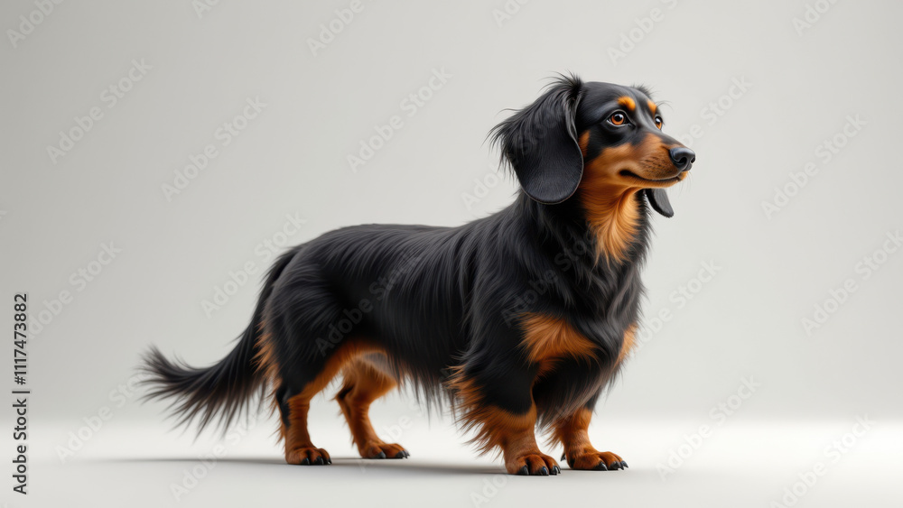 A long-haired dachshund standing on a light gray surface with its mouth open. A long-haired dachshund standing on a light gray surface with its mouth open.