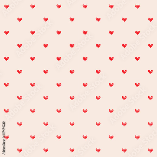 Seamless pattern of small red hearts on a light pink background, perfect for romantic and Valentine-themed designs, textiles, and wallpapers