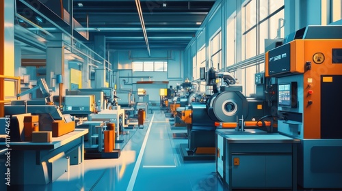 a machining center workshop with multiple machines in operation, organized workspace, vibrant atmosphere, sharp industrial tones