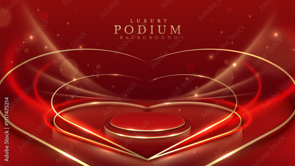 Empty red podium with gold heart-shaped frame decorated with glow and bokeh effect, elegant red background suitable for Valentine's Day product promotion template.