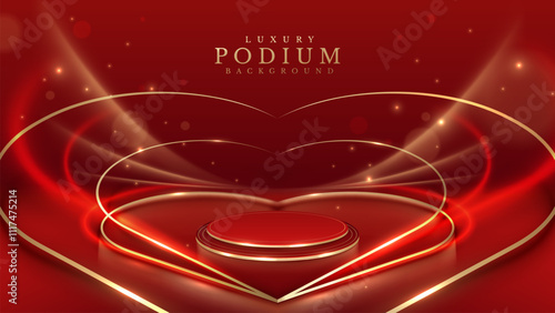 Empty red podium with gold heart-shaped frame decorated with glow and bokeh effect, elegant red background suitable for Valentine's Day product promotion template.