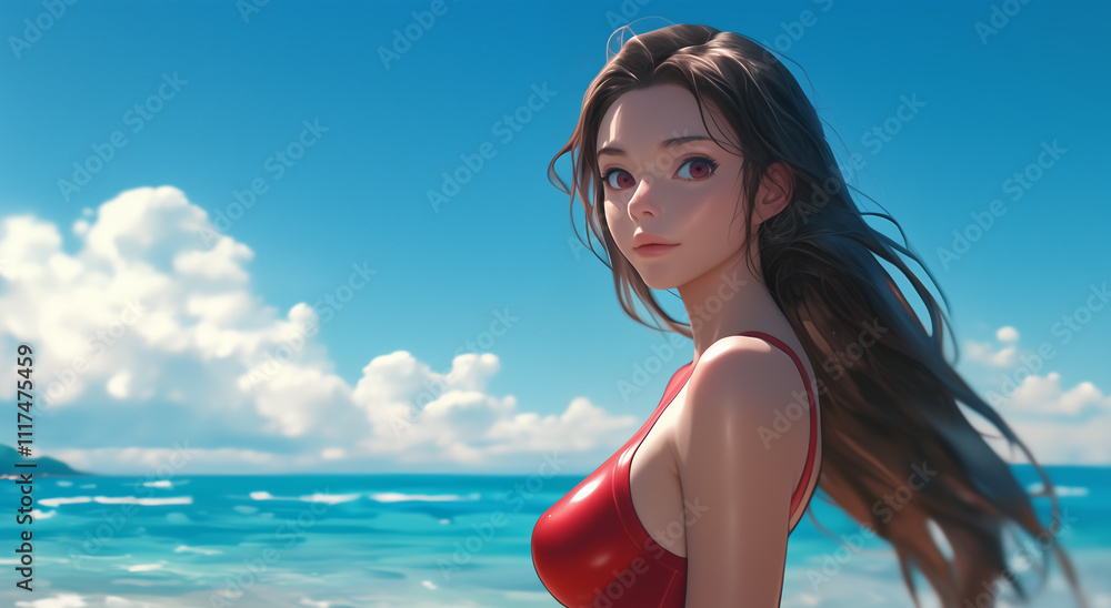 Naklejka premium Aesthetic illustration of a beautiful woman wearing a tight swimsuit on the beach 
