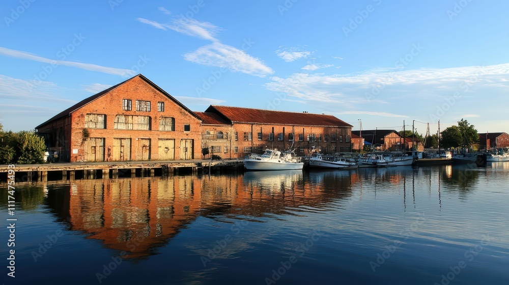 A serene waterfront scene featuring a brick building and boats. A serene waterfront scene featuring a brick building and boats.
