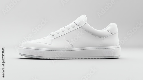 White sneakers with blank side panels for logo placement, displayed against a clean background photo