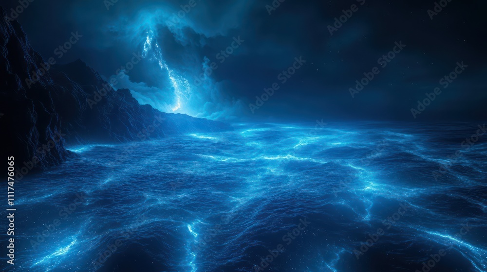 ethereal scene of glowing plankton lighting up the dark ocean waters. In the distance, a massive underwater volcano rumbles ethereal scene of glowing plankton lighting up the dark ocean waters. In the distance, a massive underwater volcano rumbles