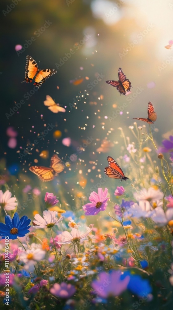 A vibrant scene of butterflies fluttering over colorful wildflowers. A vibrant scene of butterflies fluttering over colorful wildflowers.