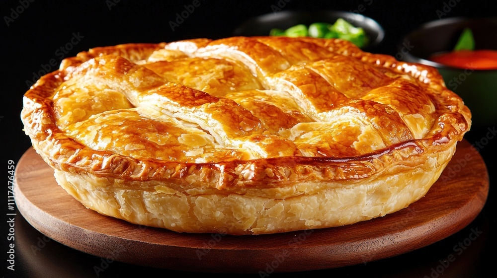 Flaky Australian Meat Pie Served Fresh with Green Onions and Sauce Flaky Australian Meat Pie Served Fresh with Green Onions and Sauce