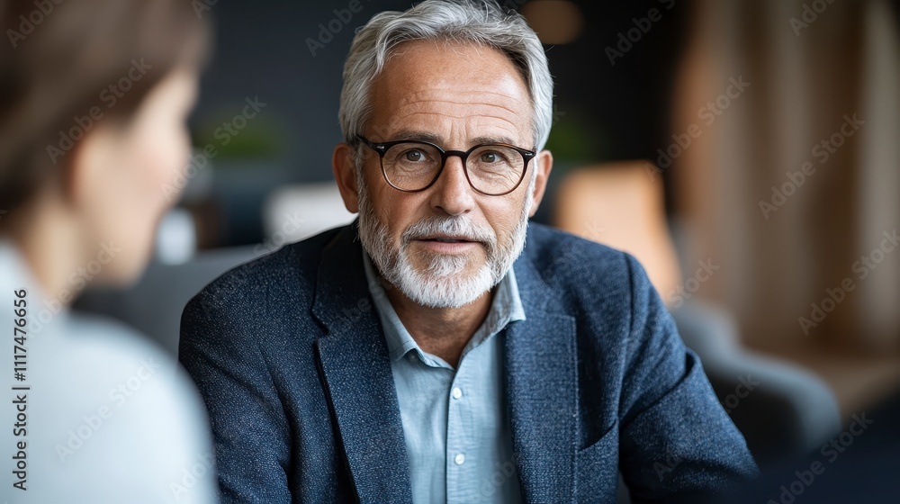 Mature Man in Glasses Business Meeting Serious Conversation Mature Man in Glasses Business Meeting Serious Conversation