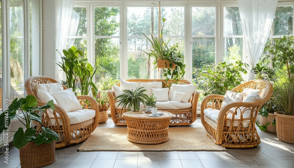 Cozy sunlit room with wicker furniture and lush greenery. Cozy sunlit room with wicker furniture and lush greenery.
