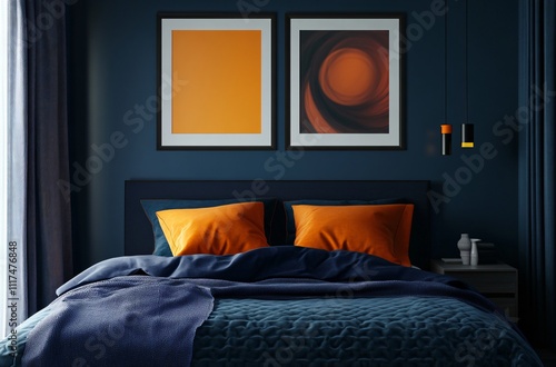 Stylish hotel room design featuring a sophisticated combination of deep blue and vibrant orange colors, creating a luxurious and relaxing atmosphere for a modern bedroom, with elegant interior decorat