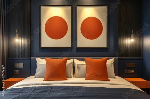 Stylish hotel room design featuring a sophisticated combination of deep blue and vibrant orange colors, creating a luxurious and relaxing atmosphere for a modern bedroom, with elegant interior decorat