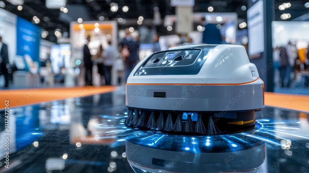 A robotic cleaner on a shiny floor at a tech exhibition, showcasing advanced automation in a modern setting. A robotic cleaner on a shiny floor at a tech exhibition, showcasing advanced automation in a modern setting.