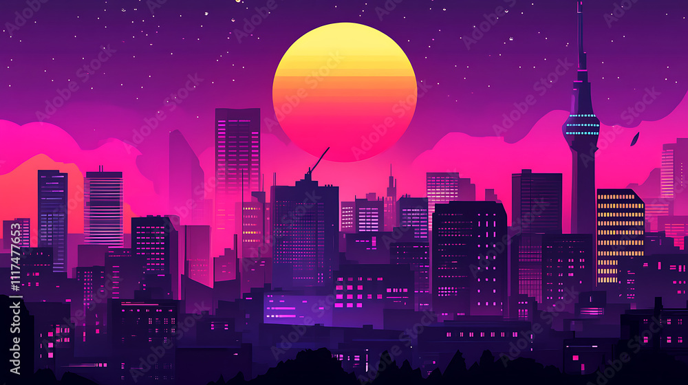 A vibrant, futuristic skyline featuring tall buildings under a twilight sky with a large, stylized sun and stars, radiating warm hues of pink and orange. A vibrant, futuristic skyline featuring tall buildings under a twilight sky with a large, stylized sun and stars, radiating warm hues of pink and orange.