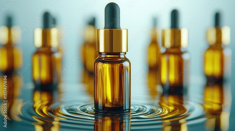 Skin repair with collagen oil drops. Amber dropper bottles on water surface Skin repair with collagen oil drops. Amber dropper bottles on water surface