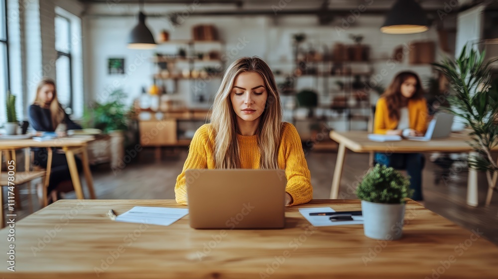 Young Woman Working on Laptop in Modern Coffee Shop Freelance Coworking Space Young Woman Working on Laptop in Modern Coffee Shop Freelance Coworking Space