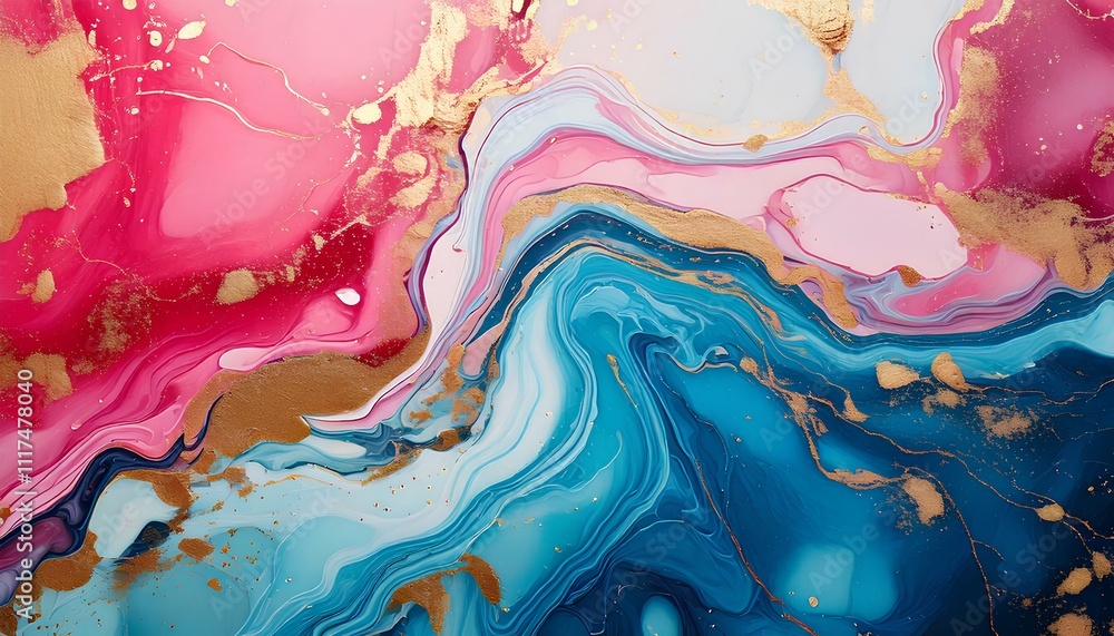 Fototapeta premium Abstract Pink and Blue Marble Liquid Texture with Gold Splashes, Luxury Design