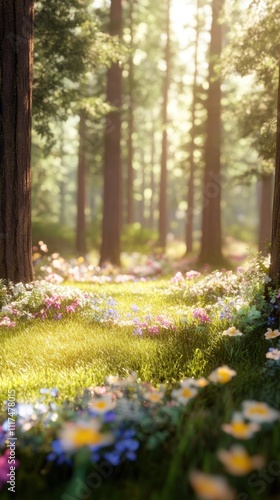 A serene forest path adorned with colorful flowers and soft sunlight.