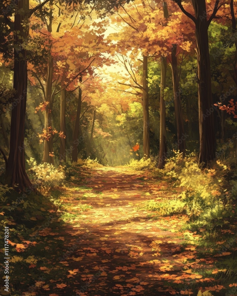 Fototapeta premium A serene forest path adorned with autumn foliage and dappled sunlight.