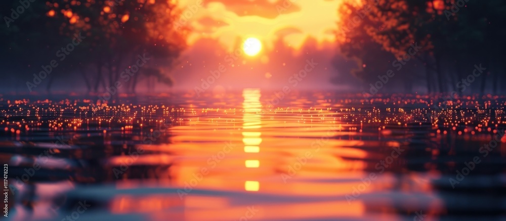 Stunning sunset reflection on the still serene surface of a picturesque lake surrounded by the silhouetted forms of trees against a vibrant glowing sky This enchanting Stunning sunset reflection on the still serene surface of a picturesque lake surrounded by the silhouetted forms of trees against a vibrant glowing sky This enchanting