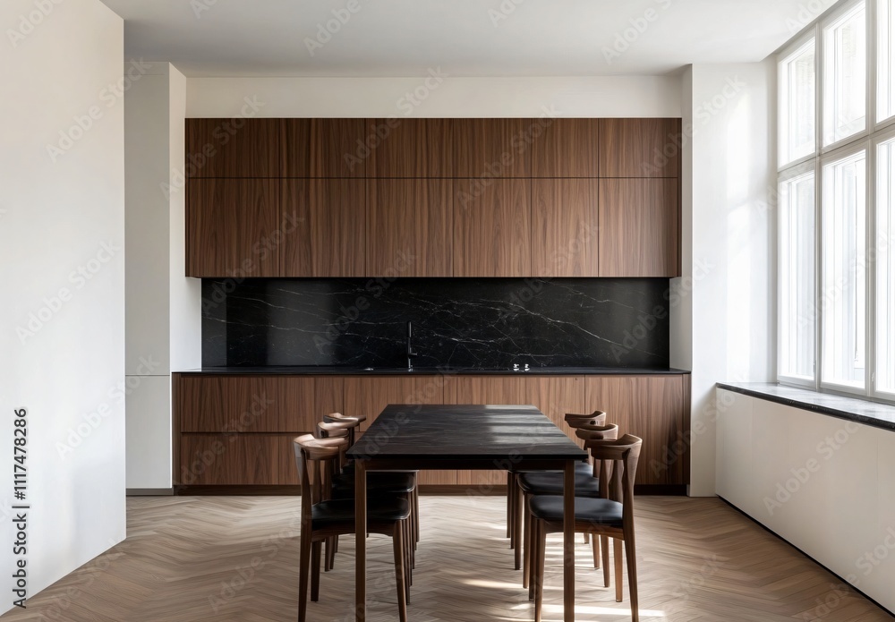 Fototapeta premium Sophisticated black and white dining room design, featuring elegant furnishings and a sleek, minimalist style that creates a timeless, modern atmosphere for dining and gatherings.