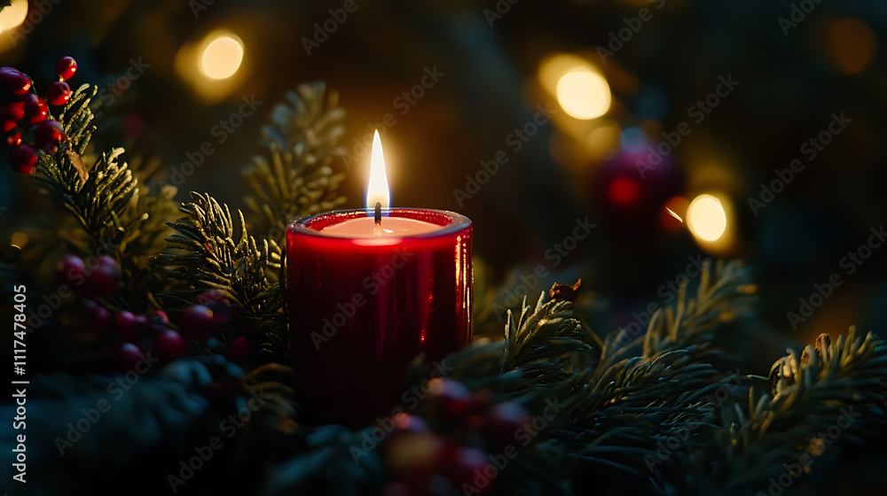 A vibrant red candle flickers amidst lush green pine branches, creating a warm, cozy atmosphere perfect for the festive season. A vibrant red candle flickers amidst lush green pine branches, creating a warm, cozy atmosphere perfect for the festive season.
