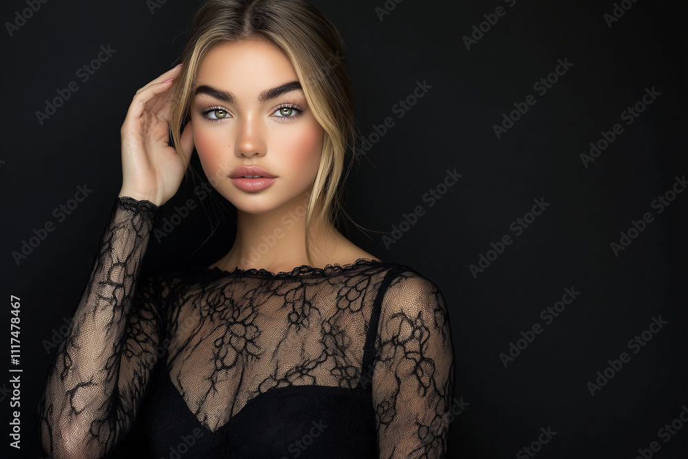 Beautiful young woman in a black lace dress posing against a dark background, touching her hair with her hand and looking at the camera. The beautiful brunette model has long, wavy brown hair and red Beautiful young woman in a black lace dress posing against a dark background, touching her hair with her hand and looking at the camera. The beautiful brunette model has long, wavy brown hair and red