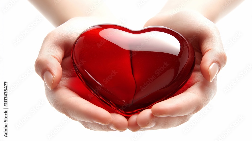Fototapeta premium A close-up of two hands softly cradling a smooth, red, heart-shaped object, beautifully symbolizing love, affection, and care. The warm tones and gentle gesture evoke the spirit of Valentine's Day