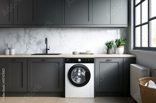 Wallpaper Mural Sleek and modern embedded washing machine integrated into stylish black and white interior design, creating a seamless, contemporary look for the home while maximizing space and functionality. Torontodigital.ca