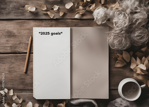 paper with text: "2025 goals" on top of the page, the paper is placed on a nordic minimalist style rustic muted tones table Goal setting concept