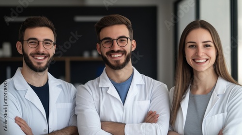 Smiling medical professionals in white coats pose confidently in a modern healthcare setting with warm lighting