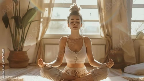 Wallpaper Mural young beautiful woman meditating or doing yoga in bright room at home Torontodigital.ca