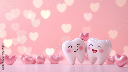 Two adorable tooth characters with blush smiling together by pink hearts, creating a romantic and playful Valentine's Day in dentistry. A gradient pink background copy space, dentist day, happy teeth