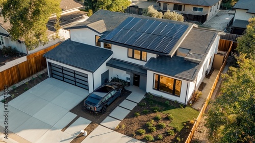 A modern home equipped with solar panels, battery storage, and an electric vehicle charging station, promoting holistic energy solutions