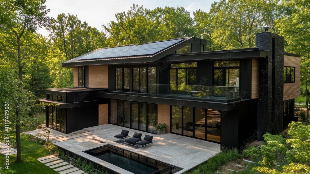 A modern home with aesthetically pleasing black-on-black solar panels blending perfectly with its sleek design A modern home with aesthetically pleasing black-on-black solar panels blending perfectly with its sleek design