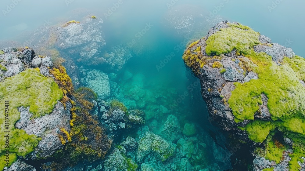 Misty Mossy Rocks Clear Teal Water Aerial Nature Scene