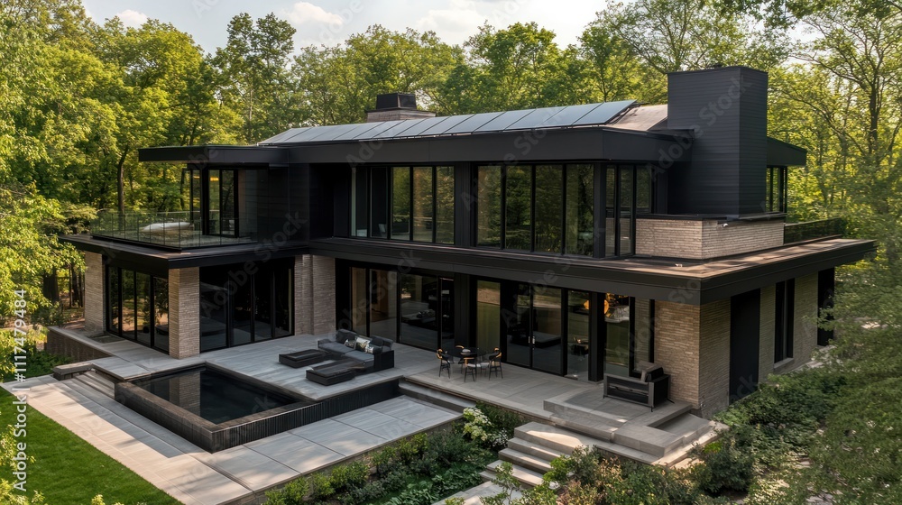 A modern home with aesthetically pleasing black-on-black solar panels blending perfectly with its sleek design A modern home with aesthetically pleasing black-on-black solar panels blending perfectly with its sleek design