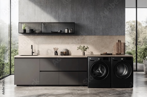 Sleek and modern embedded washing machine integrated into stylish black and white interior design, creating a seamless, contemporary look for the home while maximizing space and functionality.