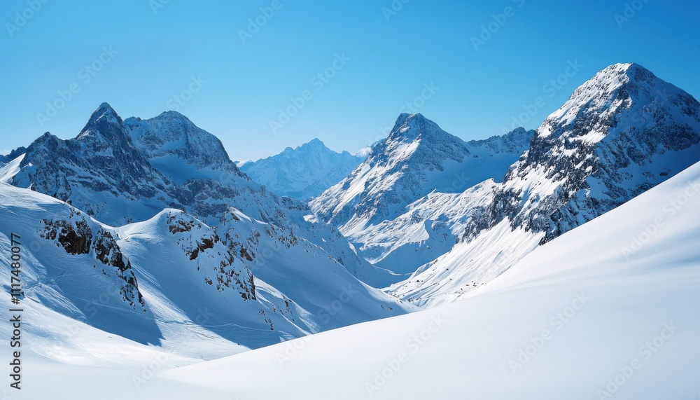 Fototapeta premium Majestic snow-covered mountains under a clear blue sky, showcasing natural beauty and tranquility.