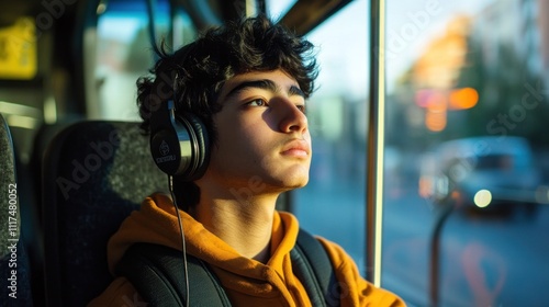 Young Man Listening to Music on Public Transportation