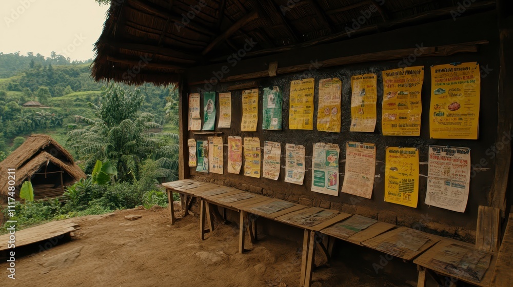 Fototapeta premium Rural Village Information Posters Wooden Benches Hut Landscape